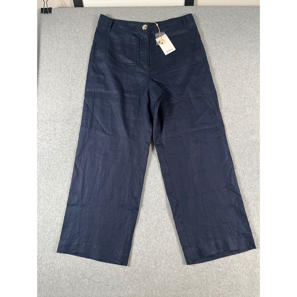 NWT! Quince Womens Navy 100% European Linen Patch Pocket Wide Leg Pants Size 12